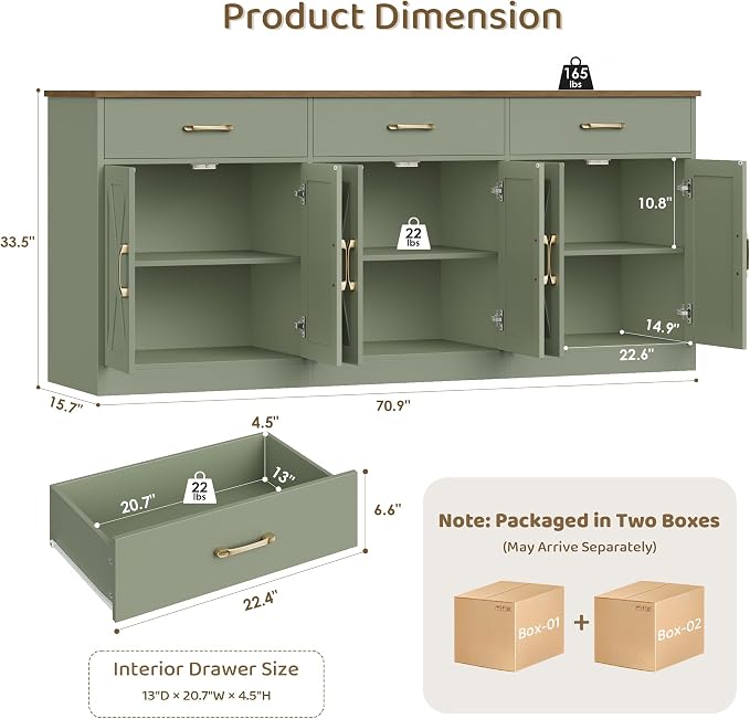 HOSTACK 71" Large Sideboard Buffet Cabinet with Storage, Farmhouse Coffee Bar Cabinet with 3 Drawers, Long Kitchen Buffet Table, Kitchen Sideboard Storage Cabinet for Dining, Living Room, Green/Brown