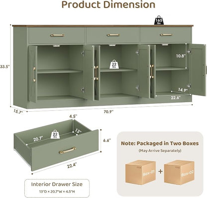 HOSTACK 71" Large Sideboard Buffet Cabinet with Storage, Farmhouse Coffee Bar Cabinet with 3 Drawers, Long Kitchen Buffet Table, Kitchen Sideboard Storage Cabinet for Dining, Living Room, Green/Brown