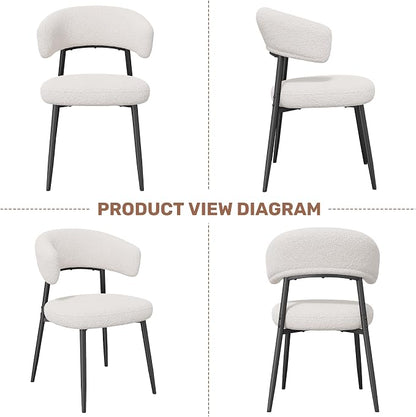 Dining Chairs Set of 2, Mid Century Modern Kitchen Chairs, Boucle Upholstered Dining Chair with Curved Backrest & Metal Legs for Kitchen Dining Room, White