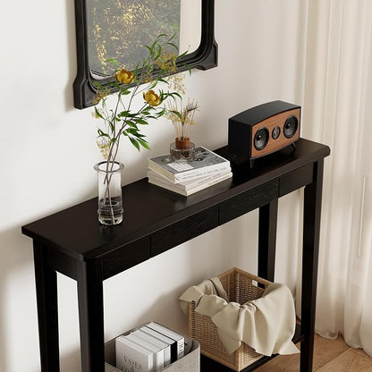 AQIMUELE Wood Console Table with Drawers, Mid Century Modern Console Table Black for Entryway, Living Room, Hall Way.
