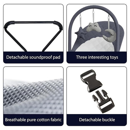 Portable Baby Bouncer Seat for Infants, 0-18 Months, 3 Modes of Use with Rocker & Stationary Options, Ergonomic Infant Chair with Hanging Toys – Grey