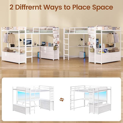 Itaar Twin Loft Bed with L-Shaped Desk & 8 Storage Drawers, Metal Kids Twin Loft Bed with Led Lights, Charging Station, Hall Tree, Safety Guard & Ladder, No Box Spring Needed, White