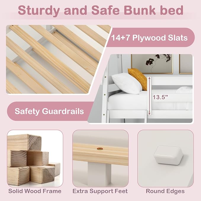 KOTEK Twin Over Queen Bunk Bed, House Bunk Beds with Climbing Nets and Ramp, No Box Spring Needed, Solid Wood Low Bunk Bed Frame for Kids Boys Girls (White)