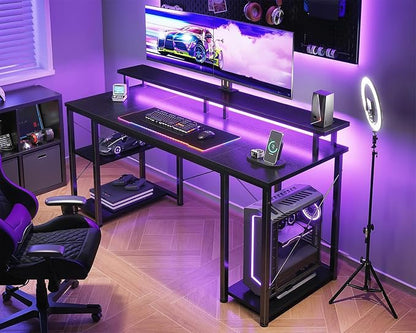 ODK 55 inch Gaming Desk with LED Lights & Power Outlets, Computer Desk with Monitor Stand & Storage Shelves, CPU Stand, Home Office Desk, Black