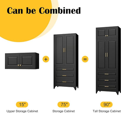 SteeLoong 90" Kitchen Pantry Cabinet with 3 Drawers,Metal Storage Cabinets with Doors and 4 Adjustable Shelves,Black Kitchen Cabinet with 2 Gold Handles,Food Cupboard for Livingroom, Bathroom,Pantry