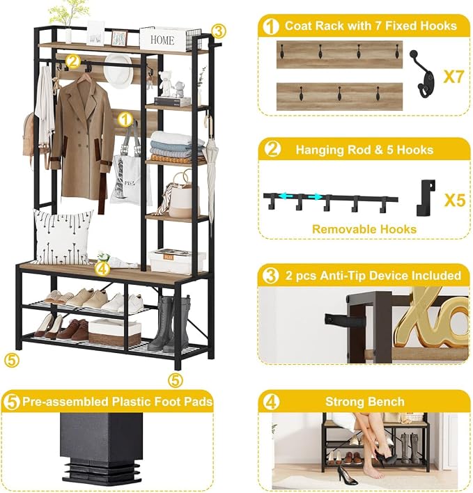 BON AUGURE Farmhouse Hall Tree for Entryway, Mudroom Bench with Shoe Storage, Large Coat Rack Shoe Bench with 5 Tier Open Shelves, Adjustable Side Hooks and Hanging Rod for Foyer (Vintage Oak)