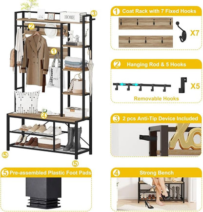 BON AUGURE Farmhouse Hall Tree for Entryway, Mudroom Bench with Shoe Storage, Large Coat Rack Shoe Bench with 5 Tier Open Shelves, Adjustable Side Hooks and Hanging Rod for Foyer (Vintage Oak)