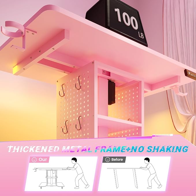 SEDETA Small Standing Gaming Desk, 31.5" Rolling Computer PC Desk Electric Height Adjustable with Power Outlet, Pegboard & Storage Shelves, LED Light, for Small Spaces/Bedroom/Gaming/Girl Room, Pink