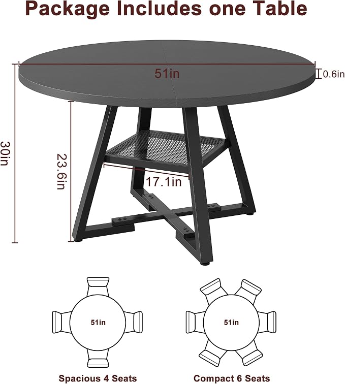 Jocoevol 51'' Round Dining Table,Kitchen Dining Room Circle Dinner Pedestal Table,Space Saving Wood Kitchen & Dining Room Furniture (Black, 51In)