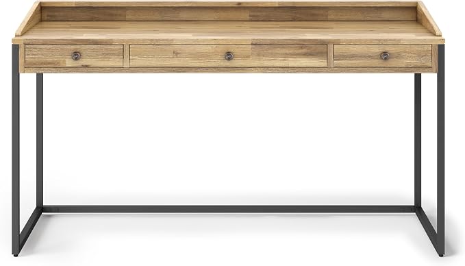 SIMPLIHOME Ralston Desk - 60 Inch Wide Solid Acacia Wood and Metal Writing Desk in Distressed Golden Wheat, Modern Industrial Home Office Computer Table with 2 Drawers and Flip-Down Keyboard Tray