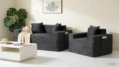 2 Pcs Living Room Cloud Sofa Set, Boneless Sofa Couches with Cup Holder and Side Pocket for Compact Living Rooms, Apartments (Deep Gray, Single Chair + Loveseat)