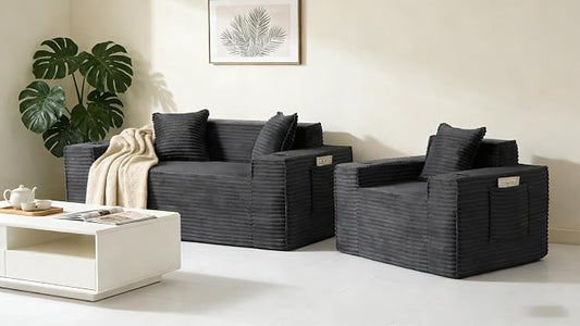 2 Pcs Living Room Cloud Sofa Set, Boneless Sofa Couches with Cup Holder and Side Pocket for Compact Living Rooms, Apartments (Deep Gray, Single Chair + Loveseat)