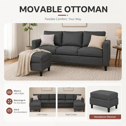 73.6" Convertible Sectional Sofa Couch with Reversible Ottoman, Modern 3-Seater L-Shaped Couch for Small Spaces, Compact Fabric Sofa for Apartment, Living Room & Office, Easy Assembly (Gray)