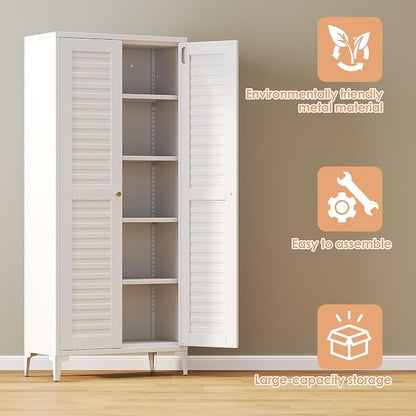 Metal Pantry Cabinet with 4 Adjustable Shelves, White Freestanding Kitchen Storage Cabinet for Dining Room, Kitchen, 63.58" H × 27.56" W × 13.78" D, Required Assembly, White