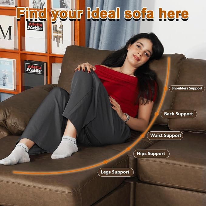 EASE MOOSE Leather Sectional Couch with Console,Oversized Modular Sectional Sofas,Wide Deep Seat Modular Couch, Scratch Resistant Faux Leather Material,U Shaped Sofa for Big Spaces,Deep Brown