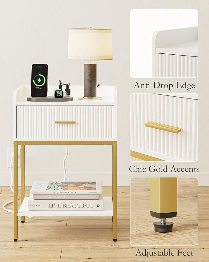 Nightstand with Charging Station, 3-Tier Bed Side Table, Small End Table, Night Stand with Open Shelf and Drawer, Bedside Table for Bedroom, Living Room, White