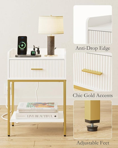 Nightstand with Charging Station, 3-Tier Bed Side Table, Small End Table, Night Stand with Open Shelf and Drawer, Bedside Table for Bedroom, Living Room, White