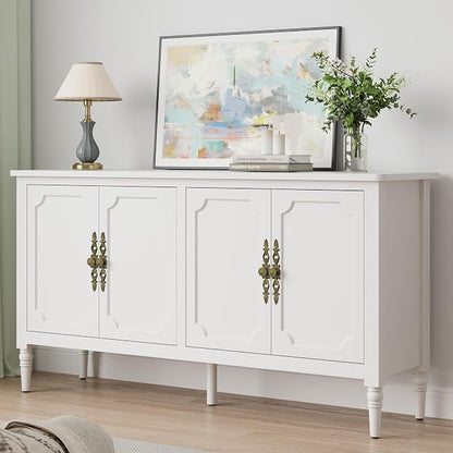RoyalCraft 118" Buffet Cabinet with Storage, Vintage Sideboard with Adjustable Shelves, Mid Century Modern Painted Credenza Coffee Bar for Kitchen, Dining Room, Entryway, Living Room, Satin White