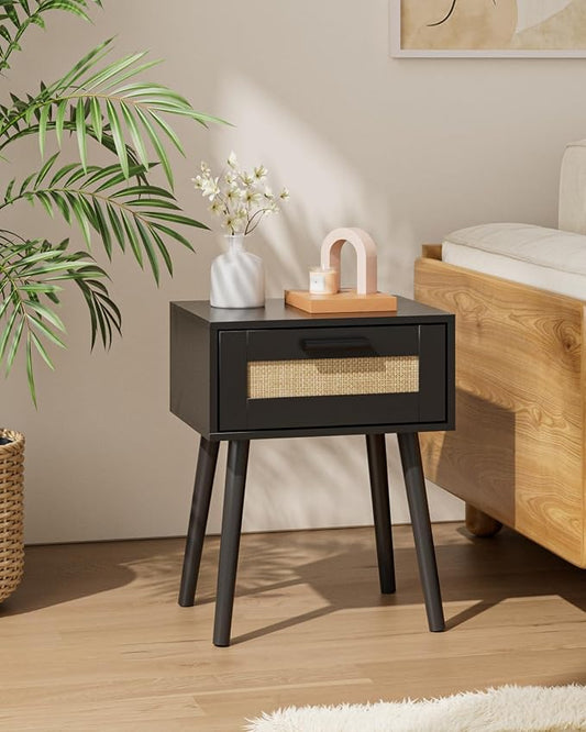 Aienvey Bedroom Nightstands Wooden Night Stands with Rattan Weaving Drawer Home Bedside End Table for Bedroom Storage (Bohemian-Black)