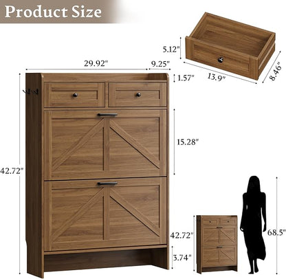 BORNOON Shoe Storage Cabinet for Entryway, Farmhouse Narrow Shoe Cabinet with 2 Flip Drawers & Top Drawers, Adjustable Shelves & Hooks, Freestanding Hidden Rack Organizer for Hallway, Foyer