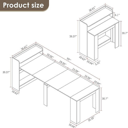 20"-99" Extendable Dining Table with Storage for 2-10 People, Modern Modular Extension Table, Space-Saving Extra Long Multifunctional Folding Dining Table, Oak