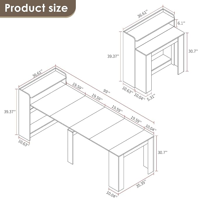 20"-99" Extendable Dining Table with Storage for 2-10 People, Modern Modular Extension Table, Space-Saving Extra Long Folding Dining Table, Multifunctional Conference Meeting Table, Walnut