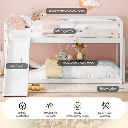 Bunk Bed with Slide, Wooden Bed Frame for Kids, Low Loft Bunk Bed Twin Over Twin with Ladders, Safety Guardrails for Kids, Toddlers, Boys, Girls, Teens, Bedroom (White)
