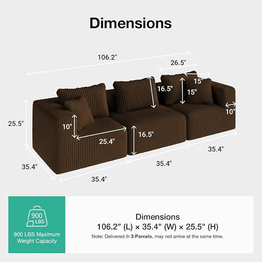 Novilla 106" Modular Sectional Sofa, Modern Cloud Sectional Couch with Smarts Coil® Support, Upholstered Boneless Couch for Living Room Apartments Bedroom, No Assembly Required, Brown (3 Seat)