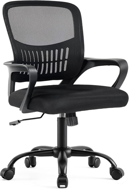 DUMOS Home Office Chair - Ergonomic Mid Back Mesh Desk Chair with Lumbar Support & Rocking Mode, Height Adjustable, Fixed Armrest, for Conference, Computer, 360° Swivel, Adults, Black