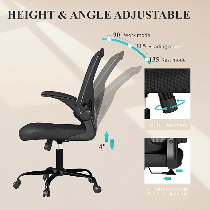 Flysky Mesh Office Chair, Ergonomic Computer Desk Chairs for Home Office - with Comfy/Comfortable Flip-up Arm Rests, Lumbar Support, Height Adjustable, 360 Degree Rolling Swivel (Black, 2 Pack)