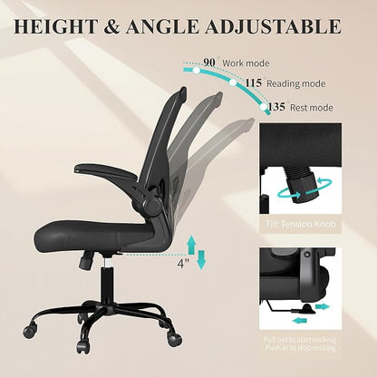 Flysky Mesh Office Chair, Ergonomic Computer Desk Chairs for Home Office - with Comfy/Comfortable Flip-up Arm Rests, Lumbar Support, Height Adjustable, 360 Degree Rolling Swivel (Black, 10 Pack)