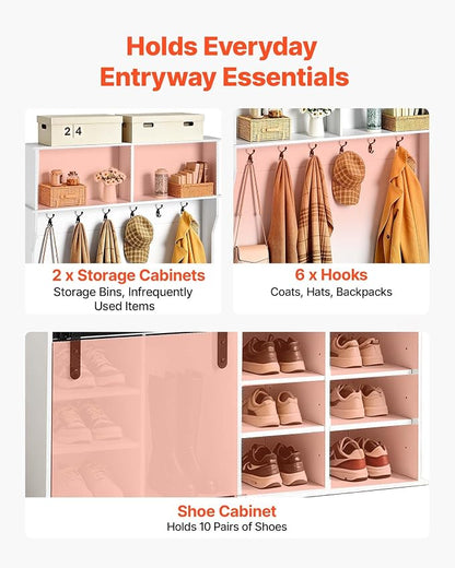 VEVOR Hall Tree with Bench and Shoe Storage, 42" Wide, Entryway Hall Tree with Bench, Hanging Hooks, Storage Shelves, Adjustable Shoe Shelves, Wooden Furniture for Mudroom, Entryway, Hallway, White