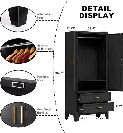 71" H Black Armoire Wardrobe Closet with Drawers,Metal Wardrobe Closet with Doors and Shelves,Tall Wardrobe Closet for Bedroom