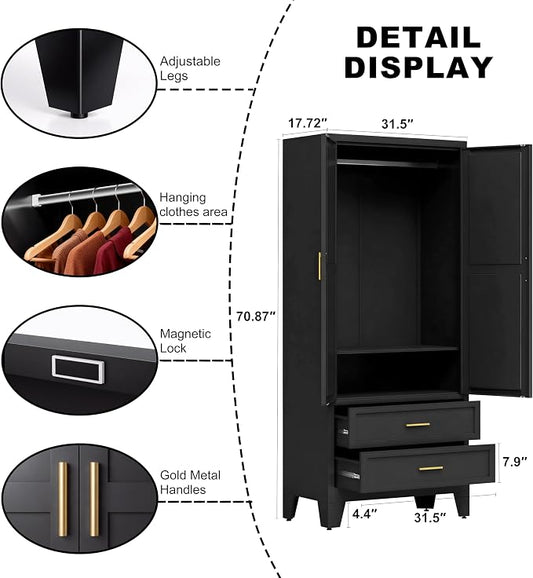 71" H Black Armoire Wardrobe Closet with Drawers,Metal Wardrobe Closet with Doors and Shelves,Tall Wardrobe Closet for Bedroom