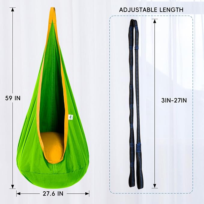 OUTREE Kids Pod Swing Seat, Cotton Child Hammock Swing Chair,Sensory Swing for Indoor and Outdoor Use,Green and Yellow