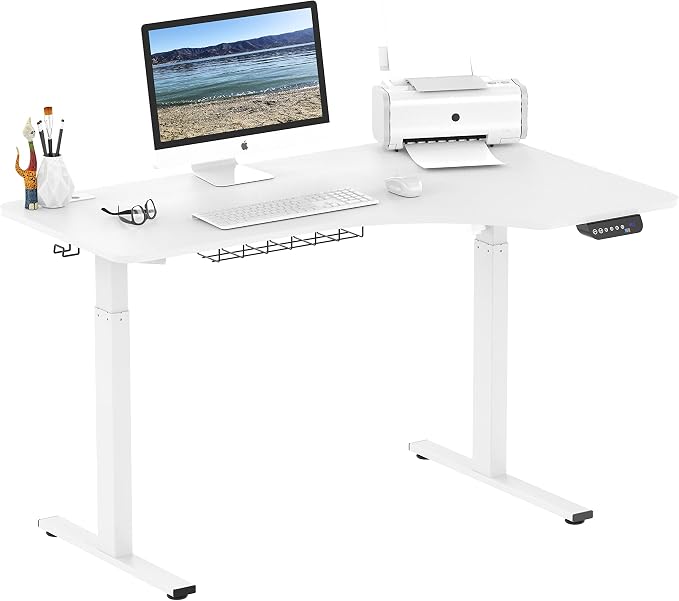 SHW 55-Inch Large Electric Height Adjustable L-Shaped Standing Desk with Right Facing Corner, White