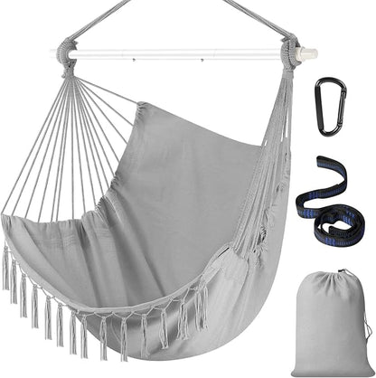 Hammock Chair Hanging Chair Heavy Duty 500 Lbs, Hanging Hammock Chair with Steel Spreader Bar & Adjustable Straps, Indoor Outdoor Hammock Swing for Bedroom Patio Porch Balcony Backyard Camping (Grey)