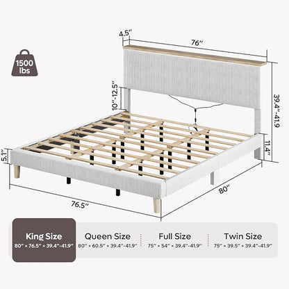 Bestier King Bed Frame with Adjustable Headboard & RGB LEDLighting, Corduroy Upholstered Platform Bed Frame withStorage Shelf, Solid Wood Slats, No Box Spring Needed,Never Squeak, Light Grey