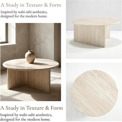 DUOMAY Modern Round Coffee Table Beige Travertine Finish Center Table Faux Marble 31.5" Wooden Tea Table for Living Room, Reception Room, Home Office, Luxury Minimalist
