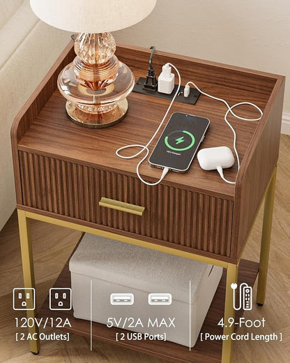 Nightstand with Charging Station, 3-Tier Bed Side Table, Small End Table, Night Stand with Open Shelf and Drawer, Bedside Table for Bedroom, Living Room, Walnut