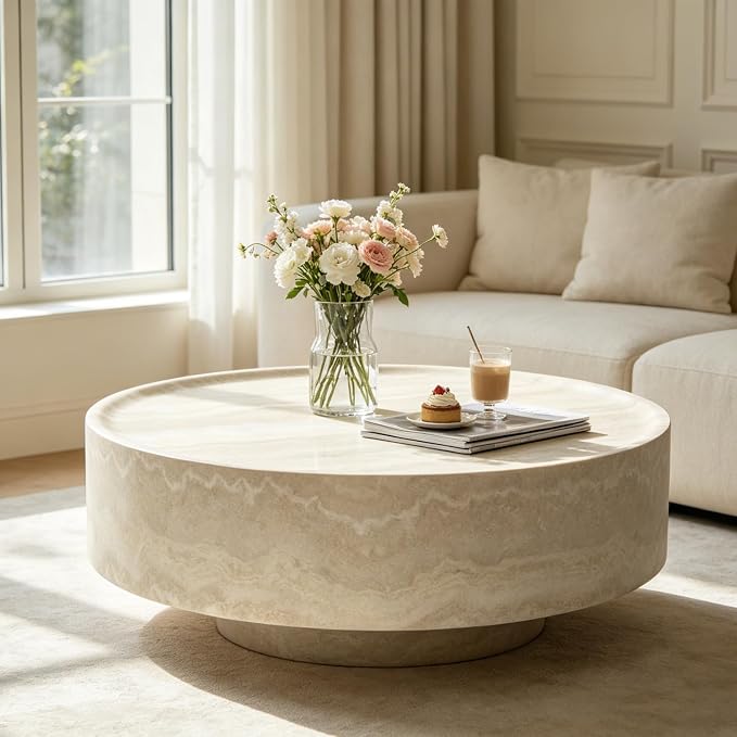 31.5" Faux Marble Round Coffee Tables, Modern Stone Coffee Tables, Fiberglass Drum Center Table, Accent Low Circle Coffee Table, Minimalist Sofa Side End Table for Living Room Apartment Office