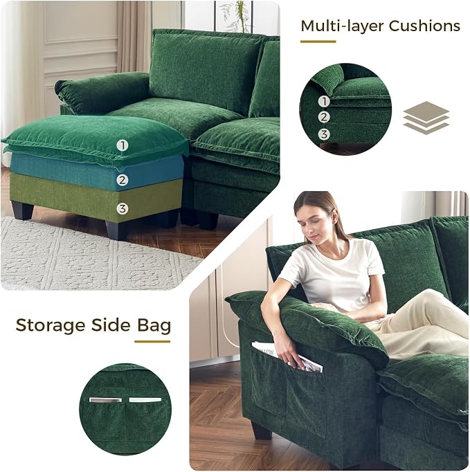 KKL 123 Inch L-Shaped Modular Sectional Sofa, 4 Seater Cloud Couch with Ottoman, Chenille Sectional Couches for Living Room, Apartment, Green