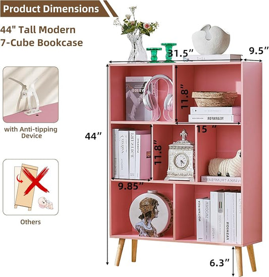 LEYAOYAO Cube Bookshelf 3 Tier Mid-Century Light Pink Modern Bookcase with Legs,Retro Wood Bookshelves Storage Organizer Shelf,Freestanding Open Book Shelves for Bedroom,Living Room,Office