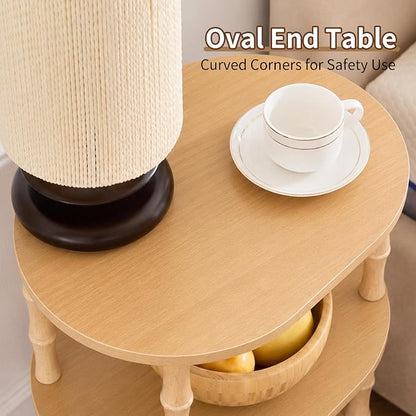 Side Table, 3-Tier Oval Accent Small End Table, Modern Oval Nightstand Accent Table for Small Space, Bedrooms, Living Room, Easy to Assemble, Natural