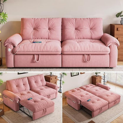 77.2'' Pull Out Couch Full Size, Pre-Assembled Sleeper Sofa Bed, Flannel Convertible Futon Sofa Bed with Adjustable Backrest, USB, Side Pockets, Loveseat for Living Room, Apartment, Pink