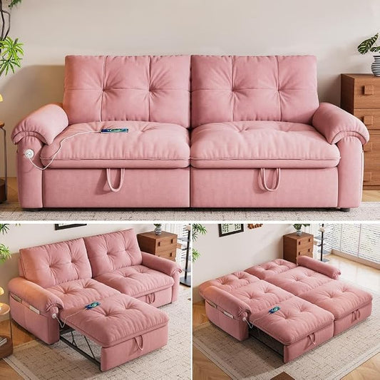77.2'' Pull Out Couch Full Size, Pre-Assembled Sleeper Sofa Bed, Flannel Convertible Futon Sofa Bed with Adjustable Backrest, USB, Side Pockets, Loveseat for Living Room, Apartment, Pink