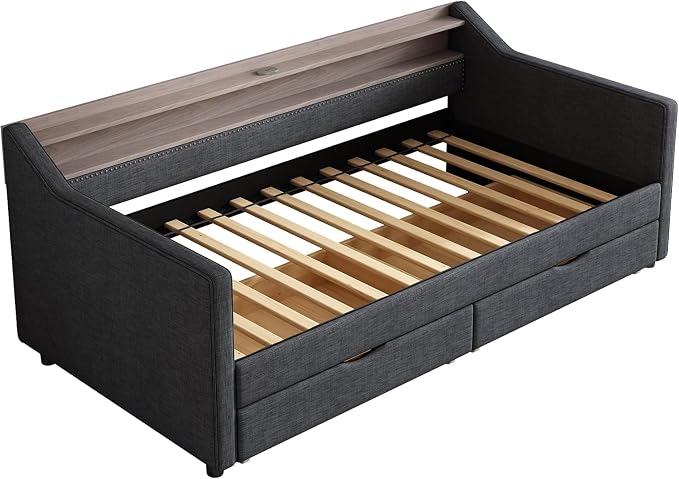 Twin Size Upholstered Daybed with Two Storage Drawers & USB | Dark Grey Linen Fabric,Two Drawers, 2-Tier Storage Shelf, USB Charging Port, LED Light, For Bedroom Apartment