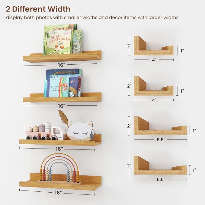 Axeman Oak Picture Ledge Shelf Set of 4 | 16'' Floating Shelves with Lip, Rustic Wood Wall Shelves with Ledge for Pictures Photos Nursery Books