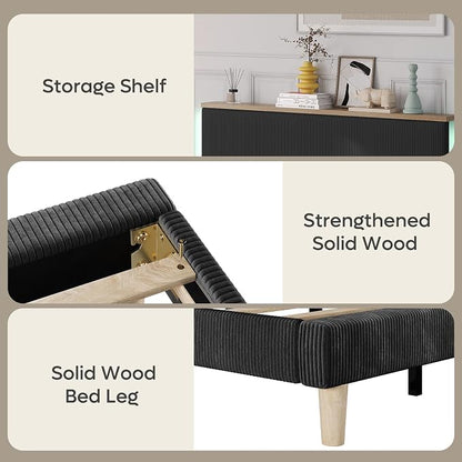 Bestier King Bed Frame with Adjustable Headboard & LED Lighting, Corduroy Upholstered Platform Bed Frame with Storage Shelf, Solid Wood Slats, No Box Spring Needed, Never Squeak, Easy Assembly, Black