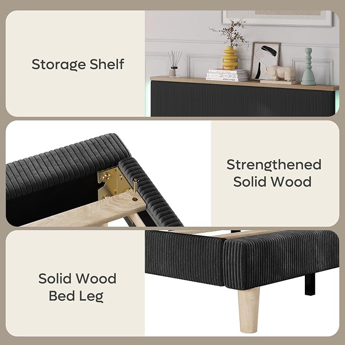 Bestier Queen Bed Frame with Adjustable Headboard & LED Lighting, Corduroy Upholstered Platform Bed Frame with Storage Shelf, Solid Wood Slats, No Box Spring Needed, Never Squeak, Easy Assembly, Black